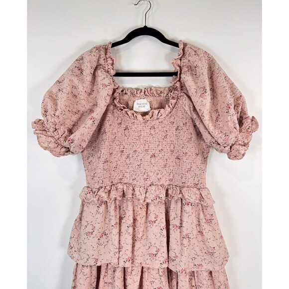 Hyacinth House Womens Dress Beige Mini Floral Smocked Ruffle Puffed A Line Large - Picture 6 of 12